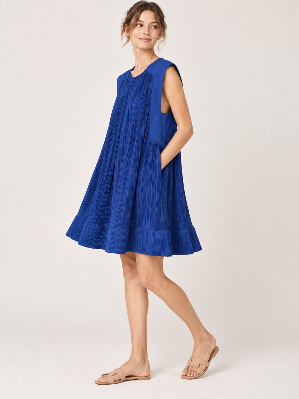 Anthropologie XS Cobalt Blue Pleated Oversized Trapeze Swing Mini Dress